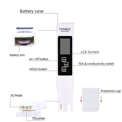 Portable Digital Water TDS, EC, And Temperature Meter (3-in-1) With ATC Function, 1ppm Resolution, 0-9999ppm Purity Tester