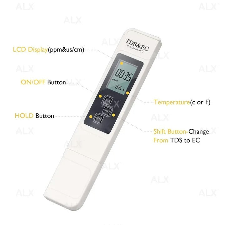 Portable Digital Water TDS, EC, And Temperature Meter (3-in-1) With ATC Function, 1ppm Resolution, 0-9999ppm Purity Tester