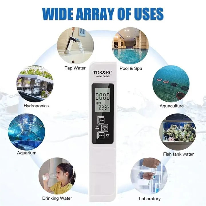 Portable Digital Water TDS, EC, And Temperature Meter (3-in-1) With ATC Function, 1ppm Resolution, 0-9999ppm Purity Tester