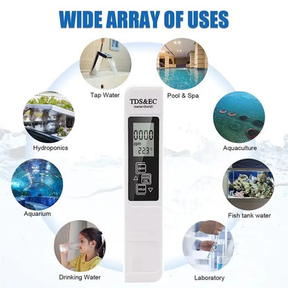 Portable Digital Water TDS, EC, And Temperature Meter (3-in-1) With ATC Function, 1ppm Resolution, 0-9999ppm Purity Tester