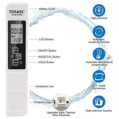 Portable Digital Water TDS, EC, And Temperature Meter (3-in-1) With ATC Function, 1ppm Resolution, 0-9999ppm Purity Tester