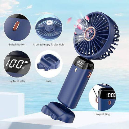 Portable Rechargeable Mini Fan with Digital Display - Foldable 5 Speed Levels